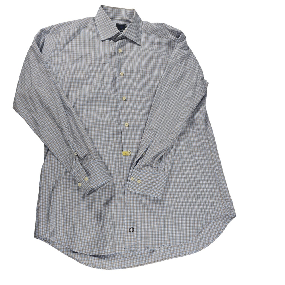 David Donahue Mens Trim Fit Dress Shirt Blue‎ Brown Check 16.5 32/33 Cotton